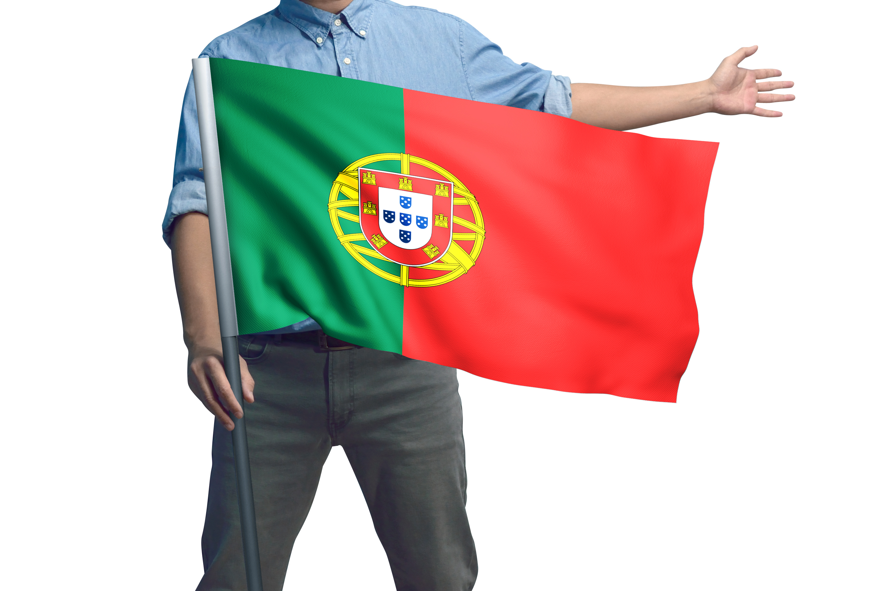 Мужчина с флагом Португалии, работа в которой доступна для русских
